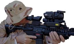 The FLIR Systems Inc. T60 Clip on thermal weapon sight mounted on an AR15 platform with the Trijicon ACOG 4x32 Day scope